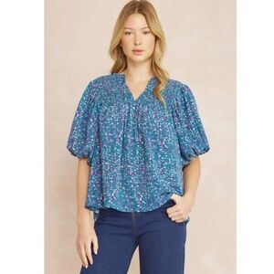 Teal Green Bubble Sleeve Blouse